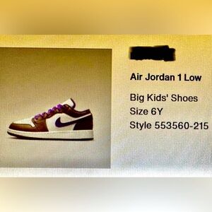 Nike Air Jordan 1 Low. Youth size 6. White brown and Purple. Great condition.